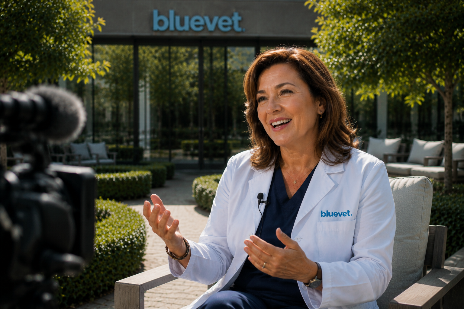 Blue Vet doctor sharing the clinic mission in an outdoor interview
